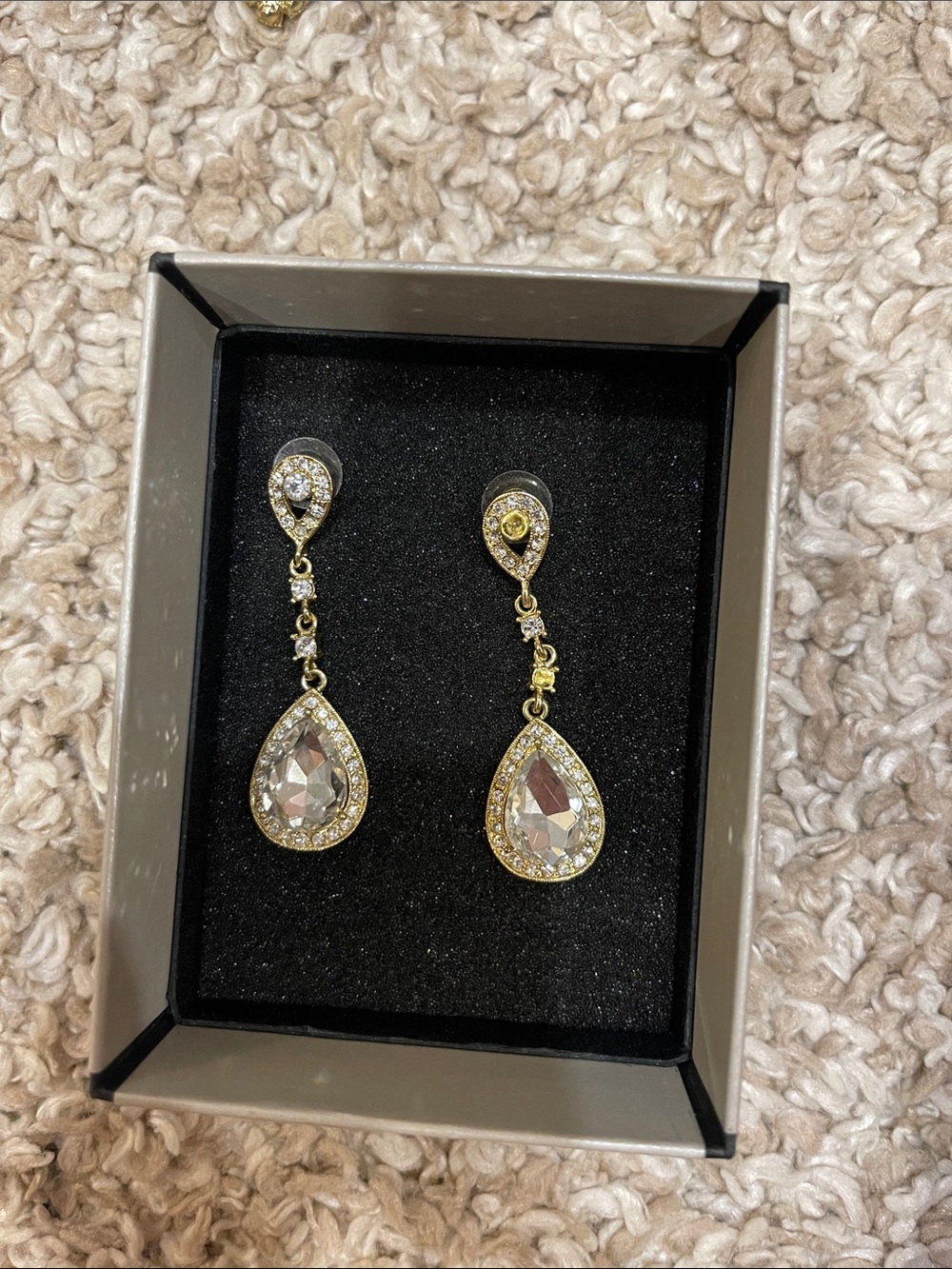 Clear Crystal Teardrop Dangle Earrings in Gold Tone